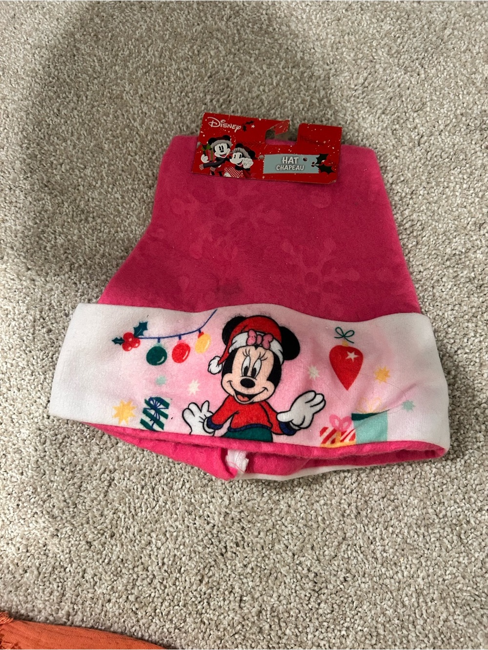 Disney Minnie Mouse Hot Pink Kids Fleece Hat with Holiday Print